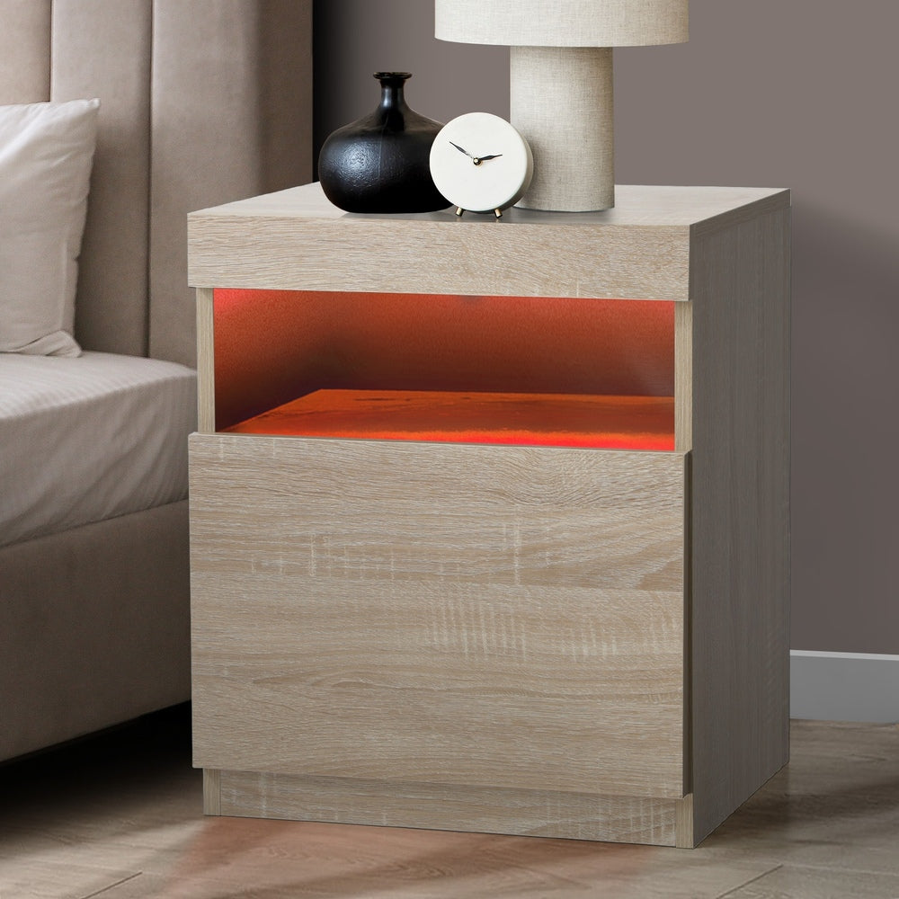 Oikiture Bedside Table LED Nightstand Shelf Natural
