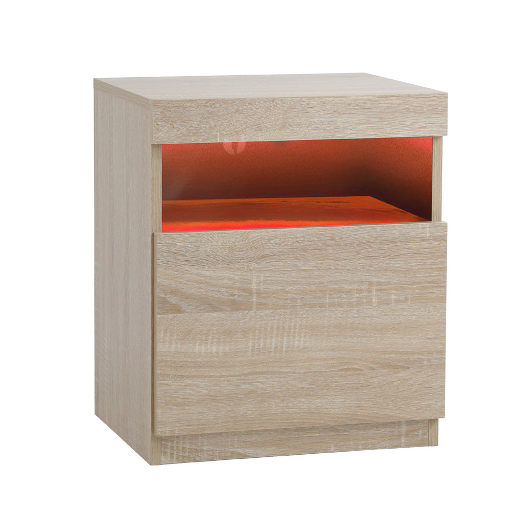 Oikiture Bedside Table LED Nightstand Shelf Natural