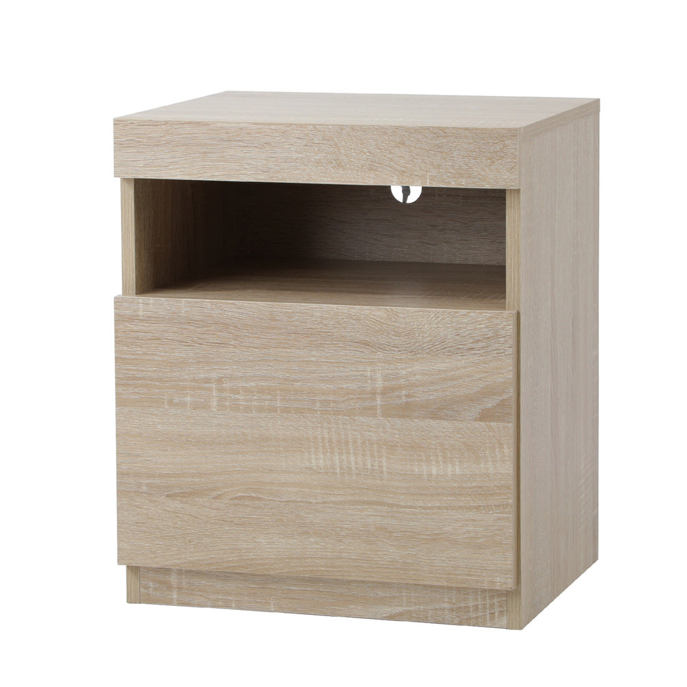 Oikiture Bedside Table LED Nightstand Shelf Natural