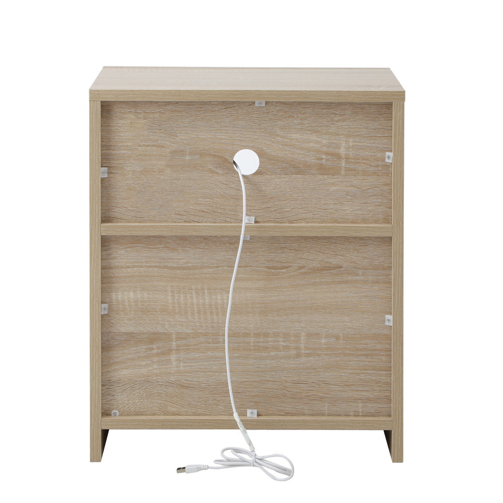 Oikiture Bedside Table LED Nightstand Shelf Natural