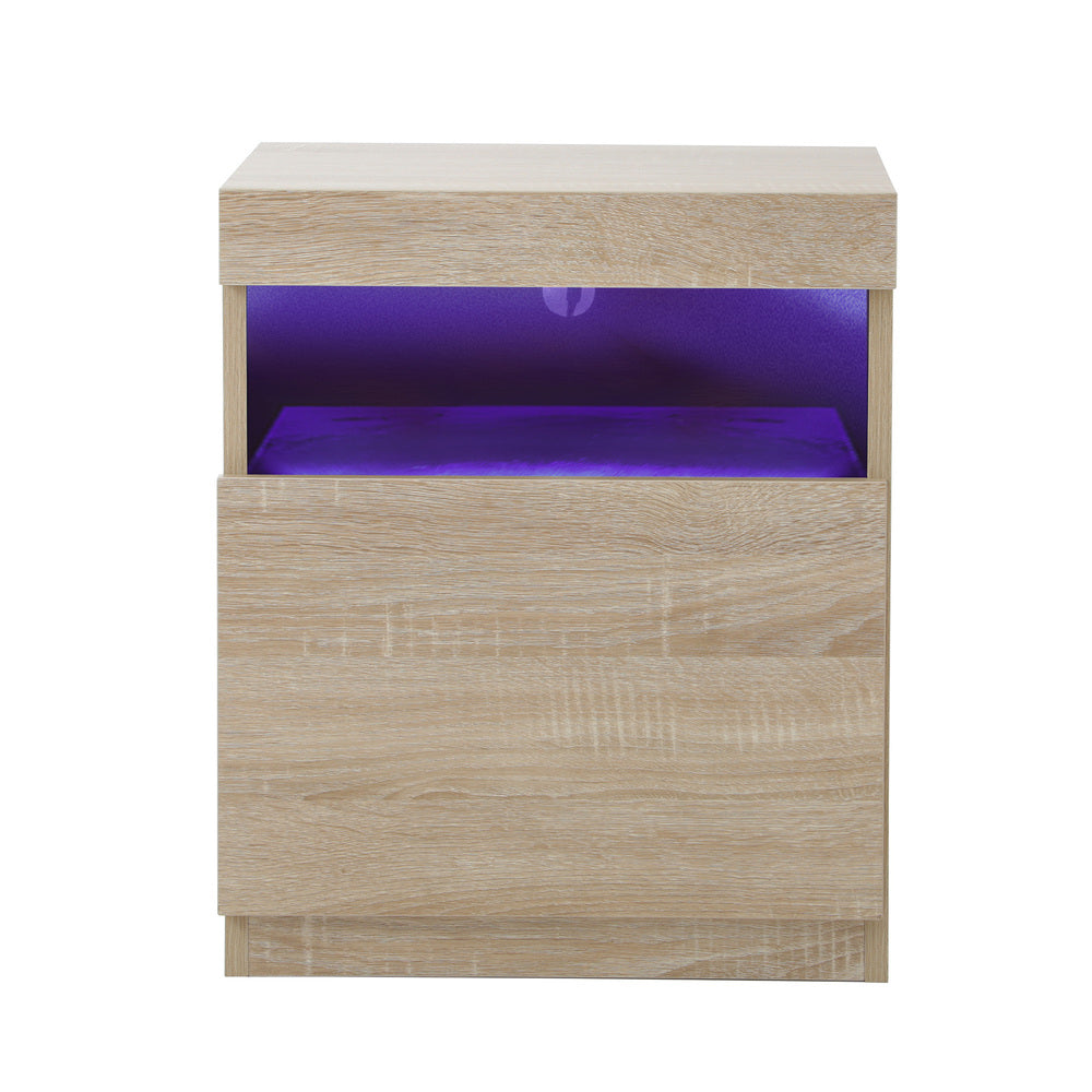Oikiture Bedside Tables Set of 2 LED Nightstand Shelf Natural