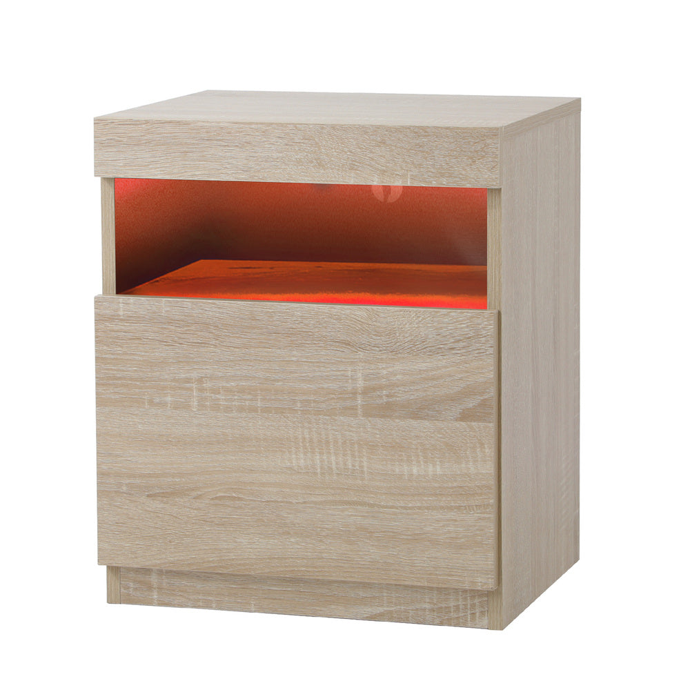 Oikiture Bedside Tables Set of 2 LED Nightstand Shelf Natural