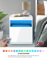 Oikiture Bedside Table LED Shelf High-gloss Front White - Side View