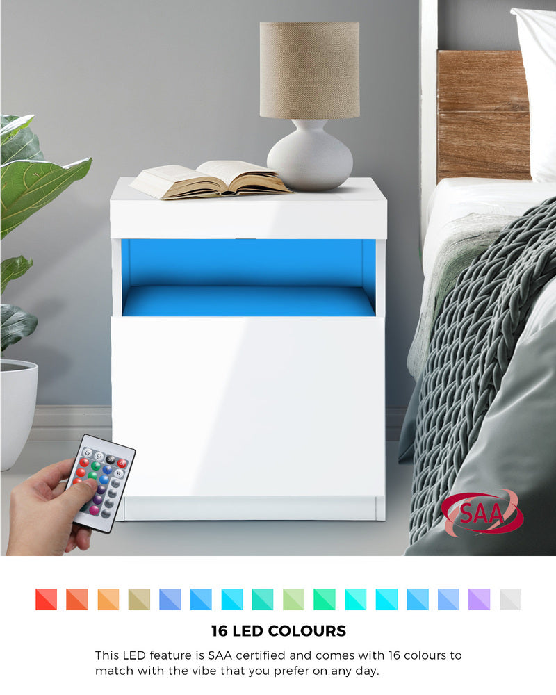Oikiture Bedside Tables Set of 2 LED Nightstand White, LED Lights
