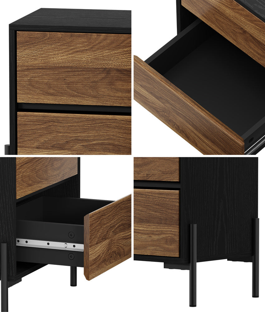 Oikiture Bedside Table 2 Drawers Side End Nightstand Walnut