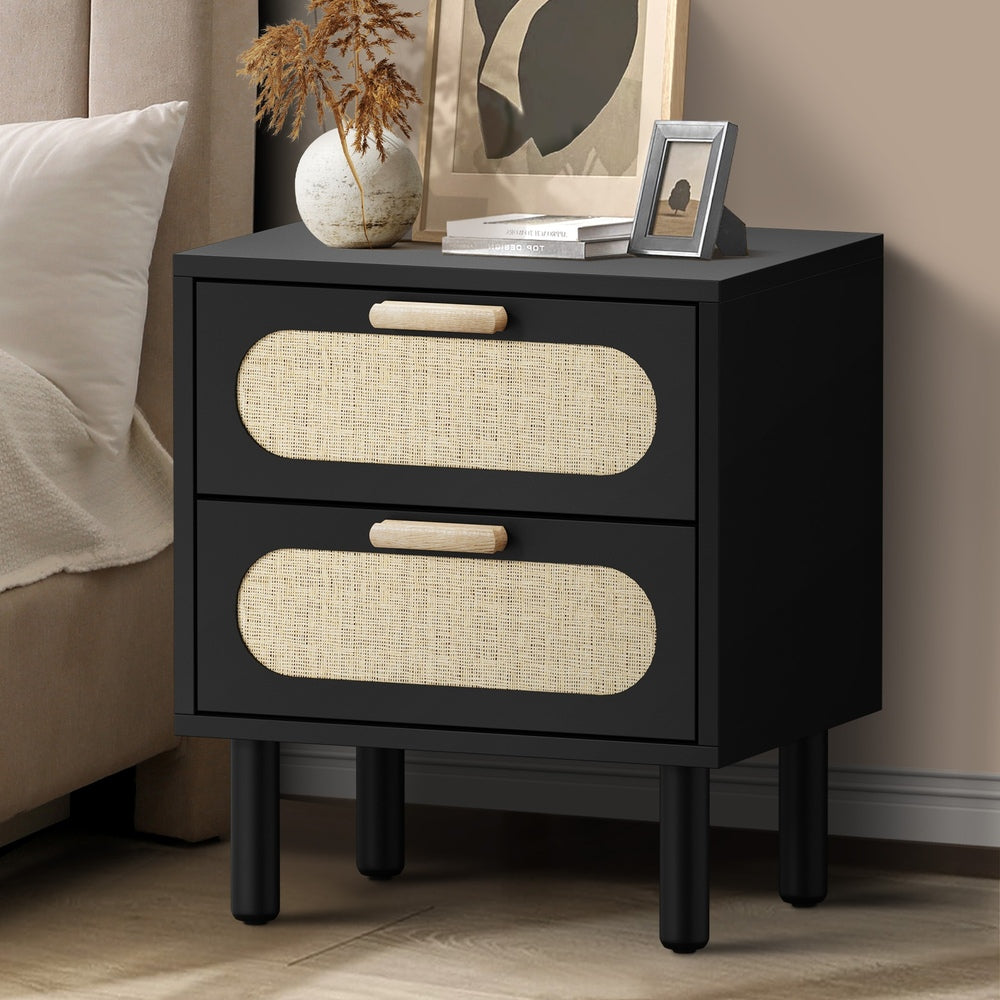 Oikiture Bedside Table 2 Drawers Rattan Black