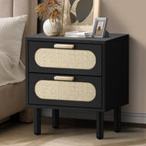 Oikiture Bedside Table 2 Drawers Rattan Black - Rear View