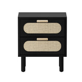 Oikiture Bedside Table 2 Drawers Rattan Black - Close-Up Angle
