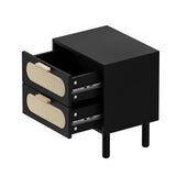 Oikiture Bedside Table 2 Drawers Rattan Black - Low Angle