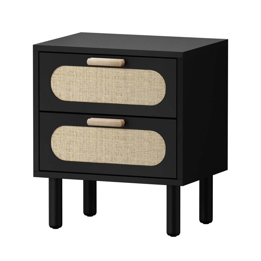 Oikiture 2x Bedside Table 2 Drawers Rattan Black