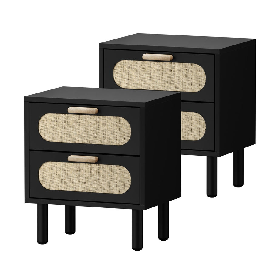 Oikiture 2x Bedside Table 2 Drawers Rattan Black