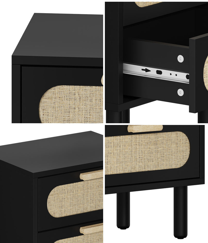 Oikiture 2x Bedside Table 2 Drawers Rattan Black