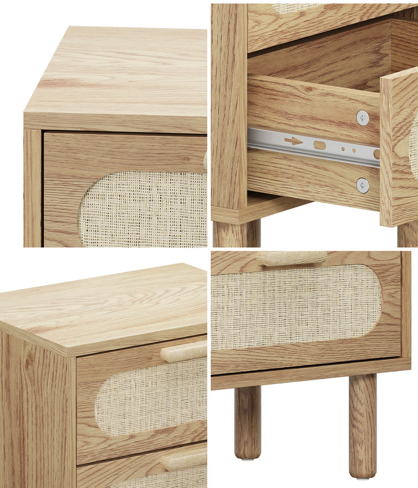 Oikiture 2x Bedside Table 2 Drawers Rattan Natural