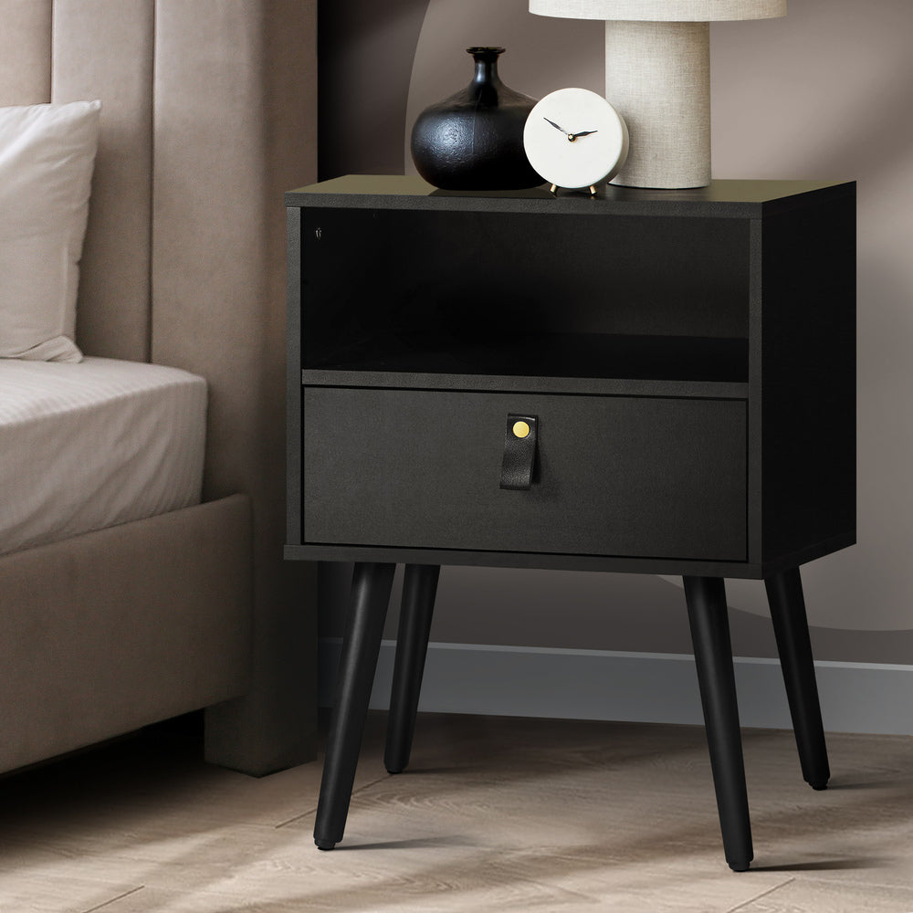 Oikiture Bedside Tables with Leather Handle Black