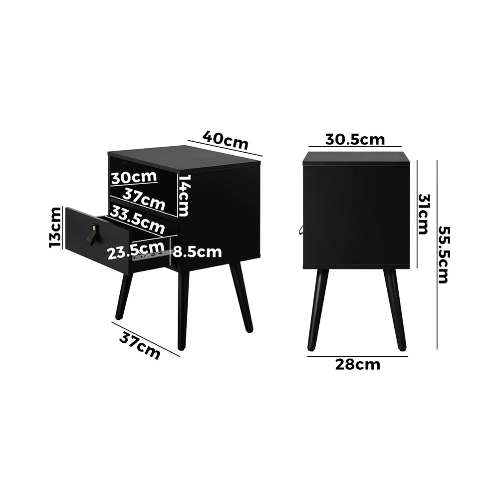 Oikiture Bedside Tables with Leather Handle Black