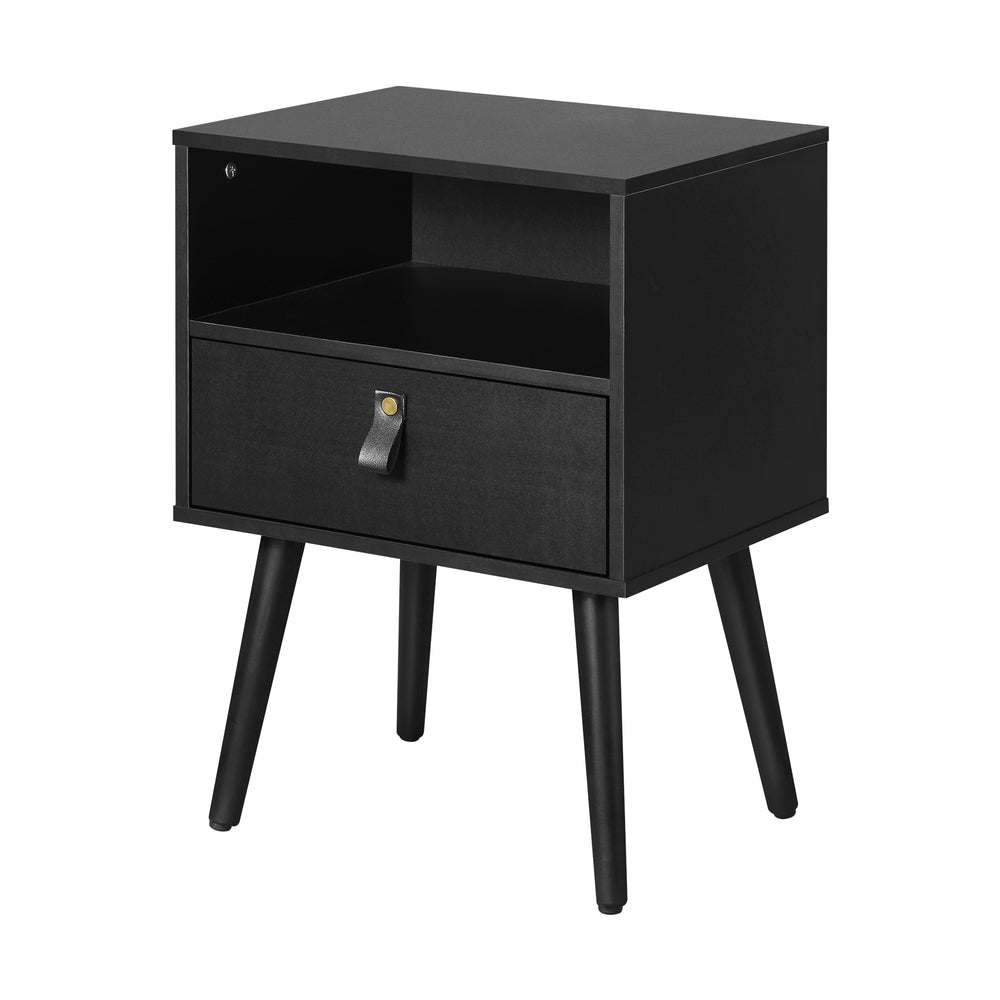 Oikiture Bedside Tables with Leather Handle Black