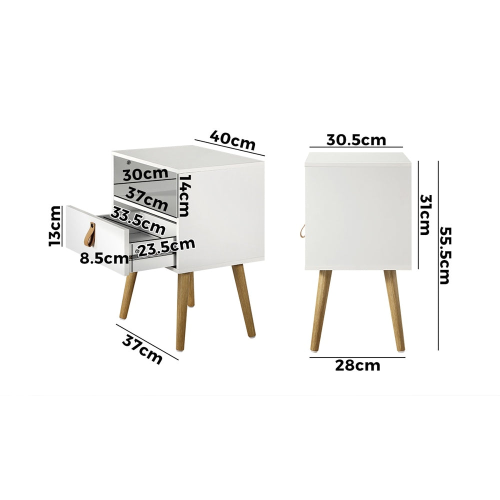 Oikiture 2X Bedside Tables with Leather Handle White