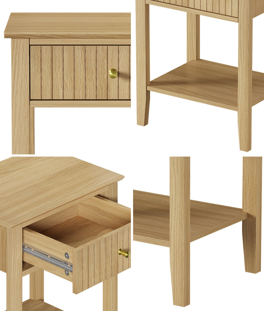 Oikiture 2x Bedside Table 1 Drawer Open Shelf Nightstand Natural