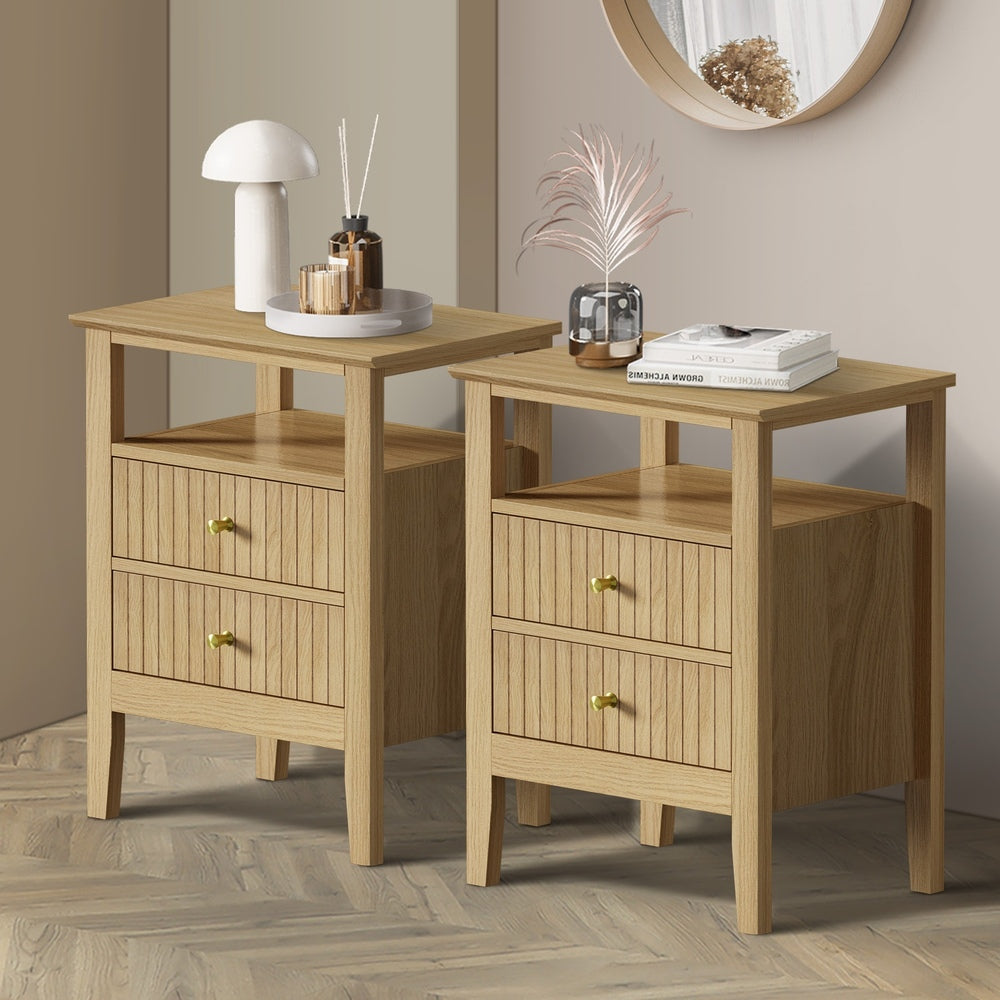 Oikiture 2x Bedside Table 2 Drawers Open Shelf Nightstand Natural