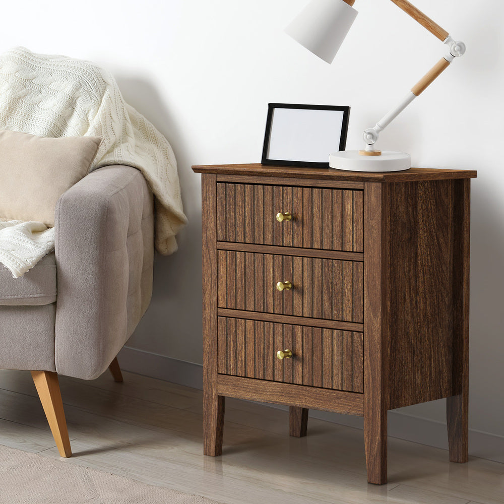 Oikiture Bedside Table 3 Drawers Side End Nightstand Walnut
