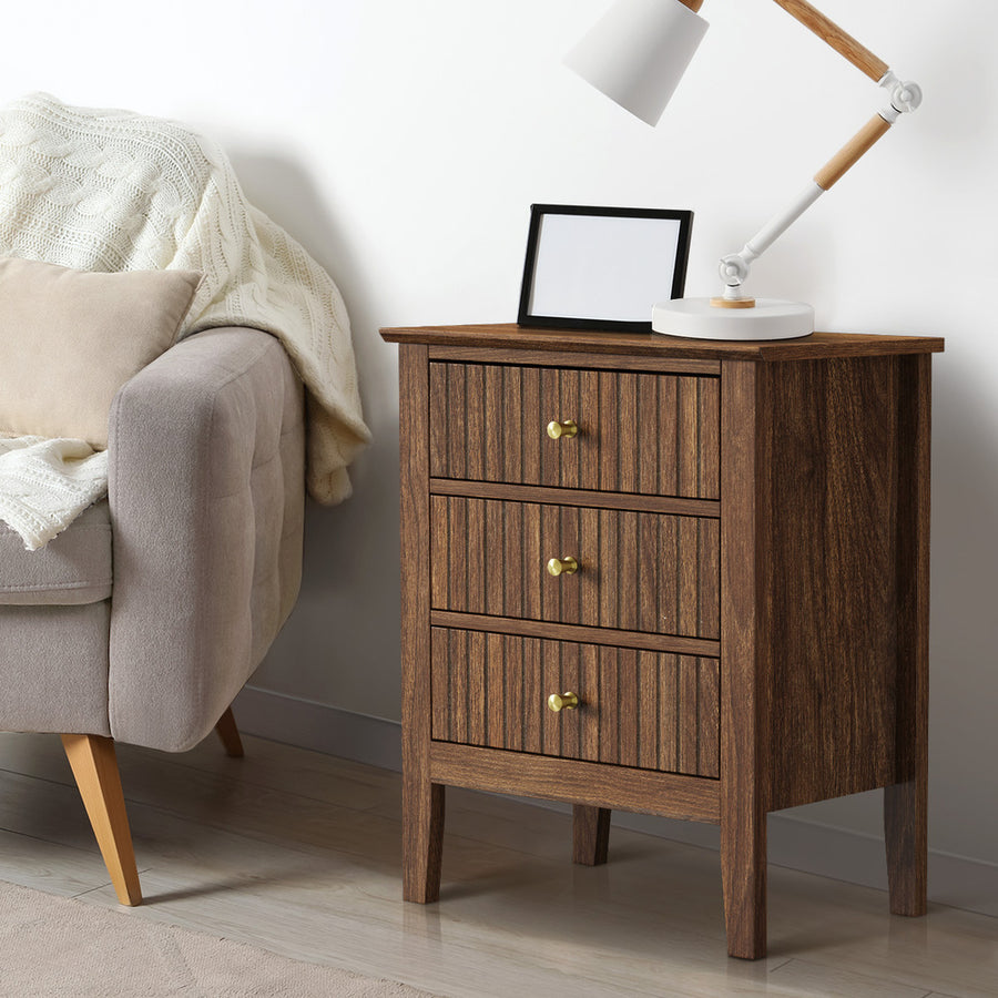 Oikiture Bedside Table 3 Drawers Side End Nightstand Walnut, image 3
