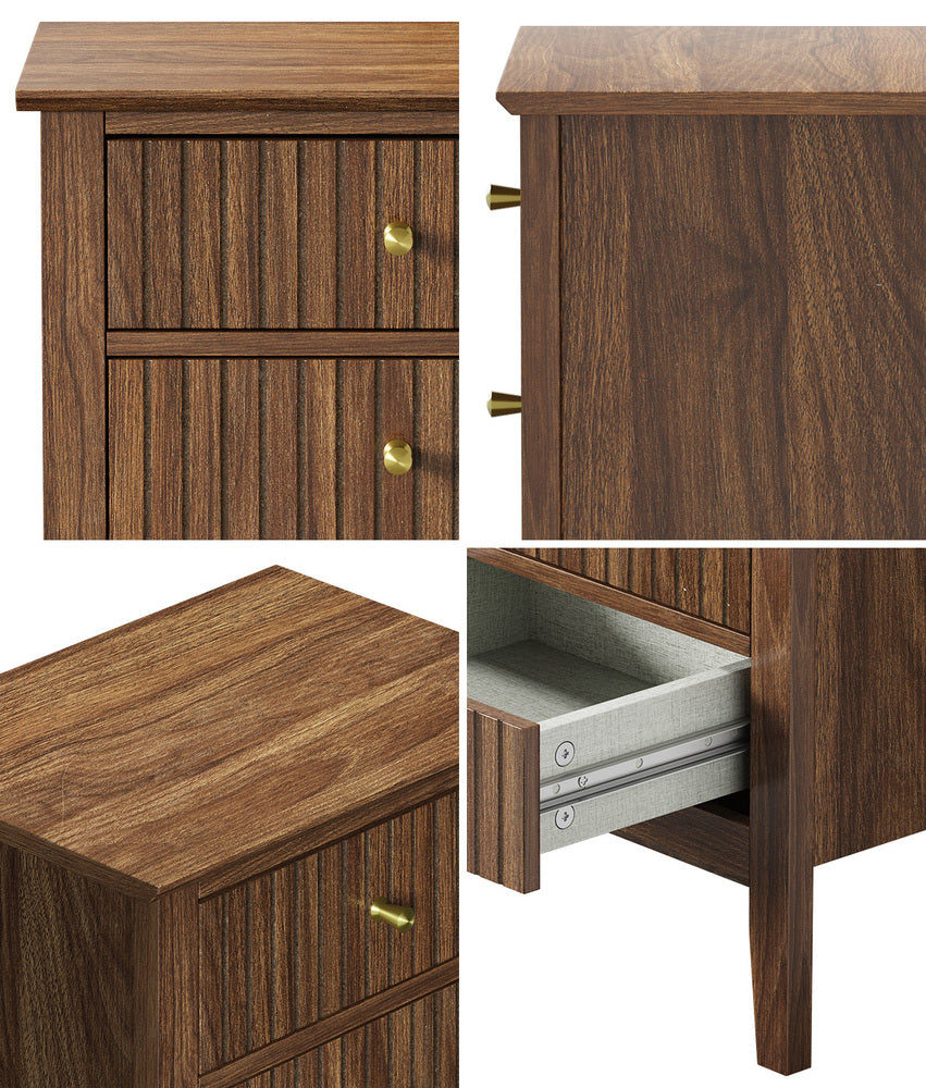 Oikiture Bedside Table 3 Drawers Side End Nightstand Walnut