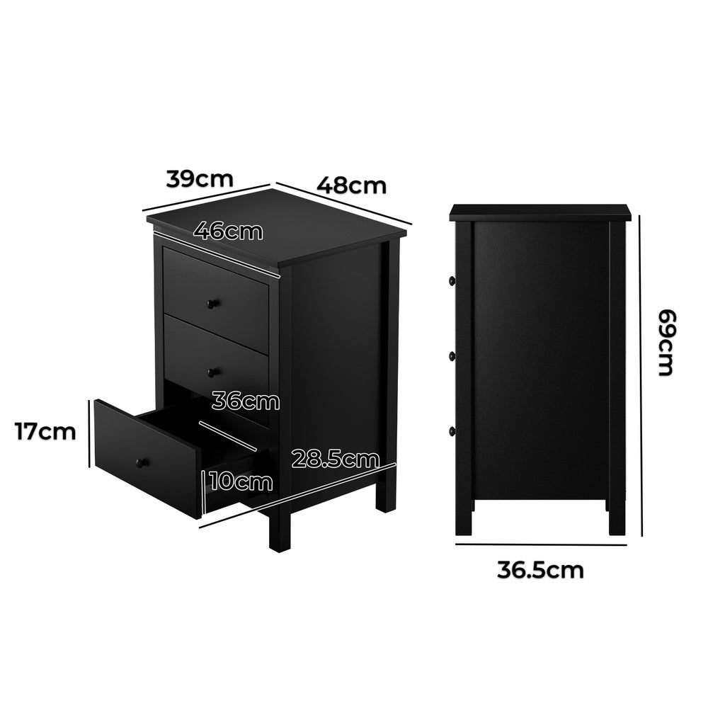 Oikiture Bedside Table 3 Drawers Hamptons Furniture Black