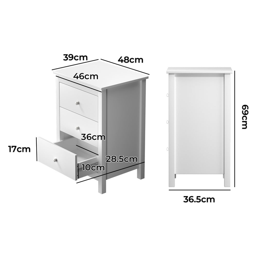 Oikiture Bedside Table 3 Drawers Hamptons Furniture White