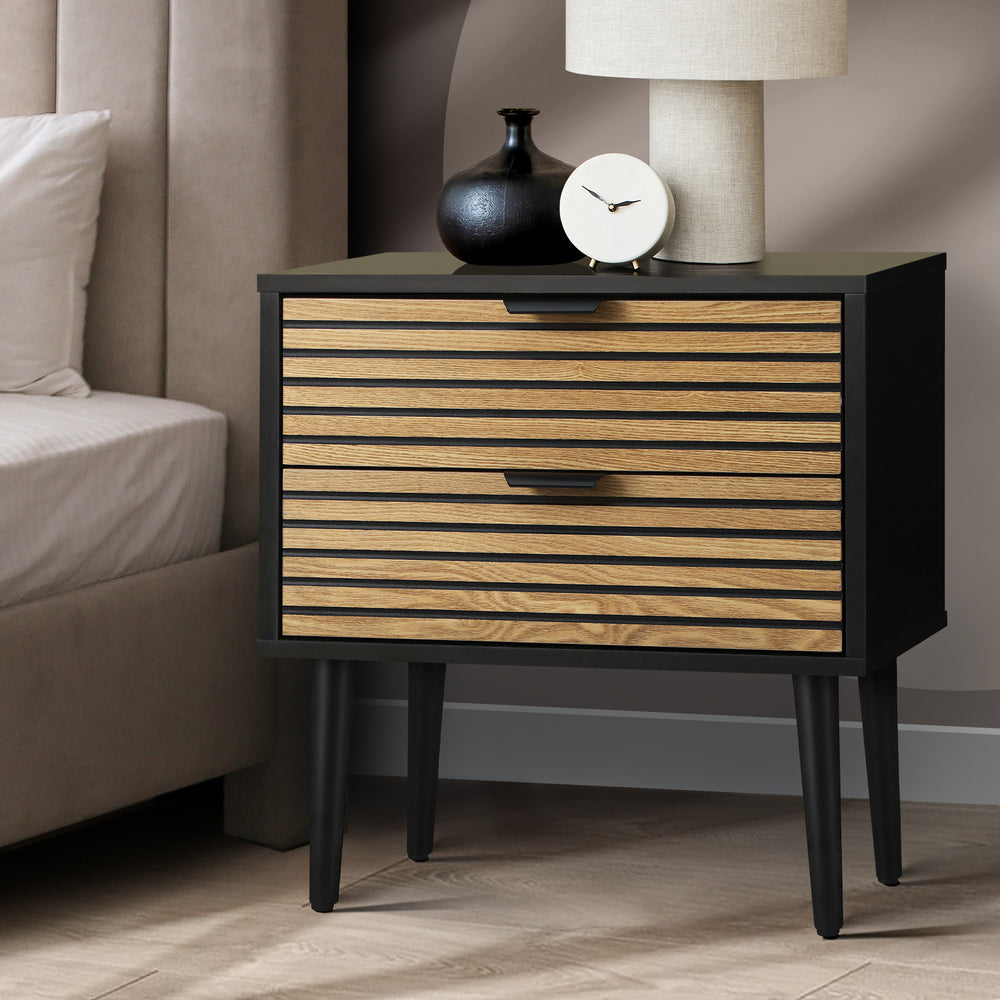 Oikiture Bedside Table 2 Drawers Metal Handle Black&Wooden