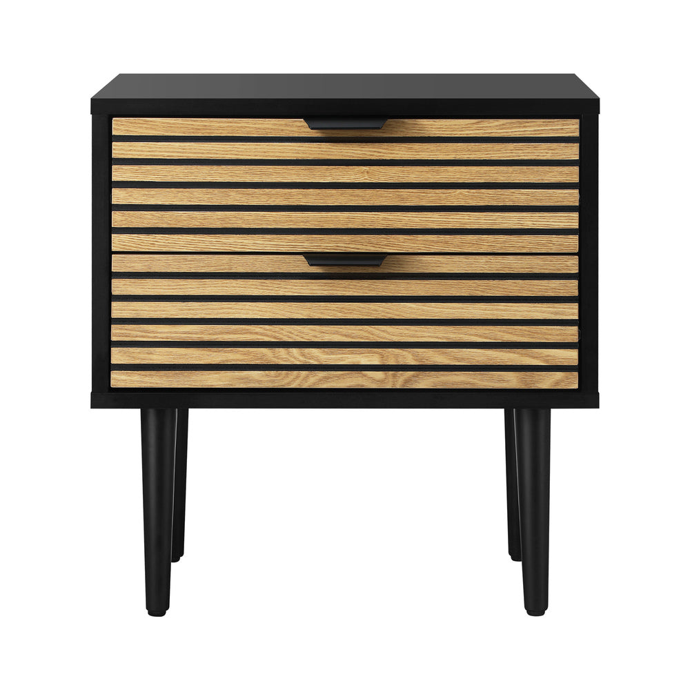 Oikiture Bedside Table 2 Drawers Metal Handle Black&Wooden