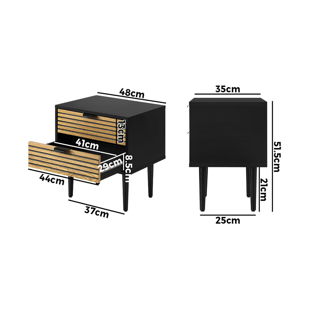 Oikiture Bedside Table 2 Drawers Metal Handle Black&Wooden