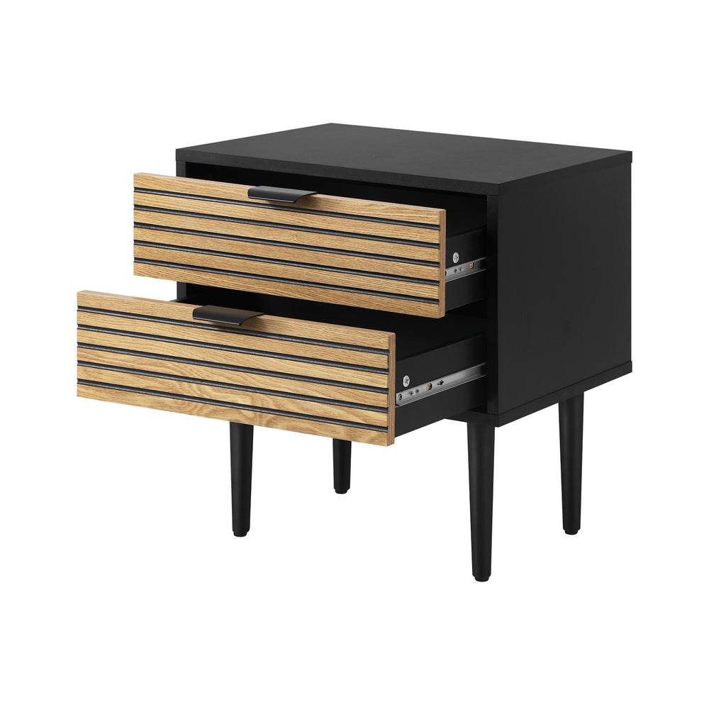 Oikiture Bedside Table 2 Drawers Metal Handle Black&Wooden