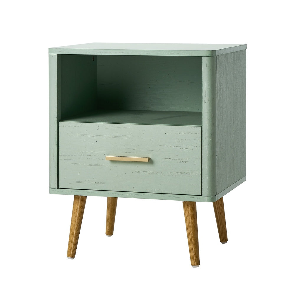 Oikiture Bedside Table 1 Drawer Open Shelf Nightstand Green