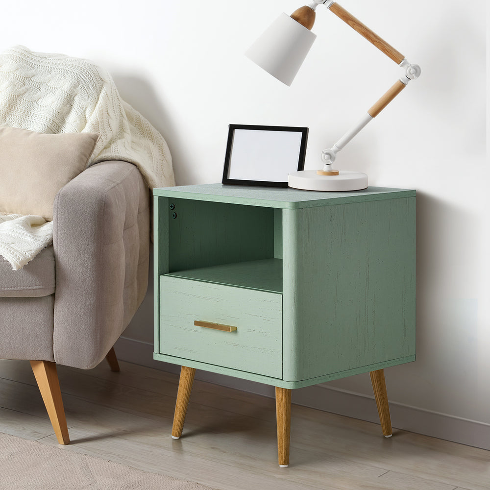 Oikiture Bedside Table 1 Drawer Open Shelf Nightstand Green