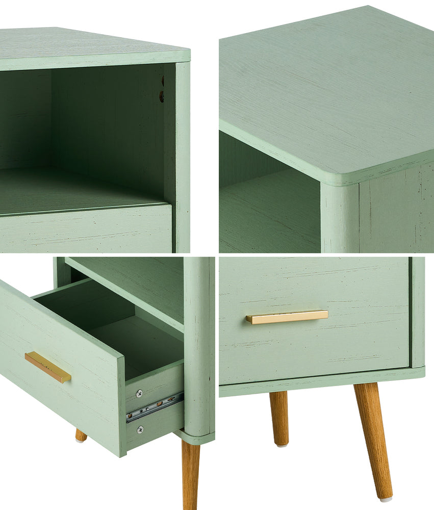 Oikiture Bedside Table 1 Drawer Open Shelf Nightstand Green