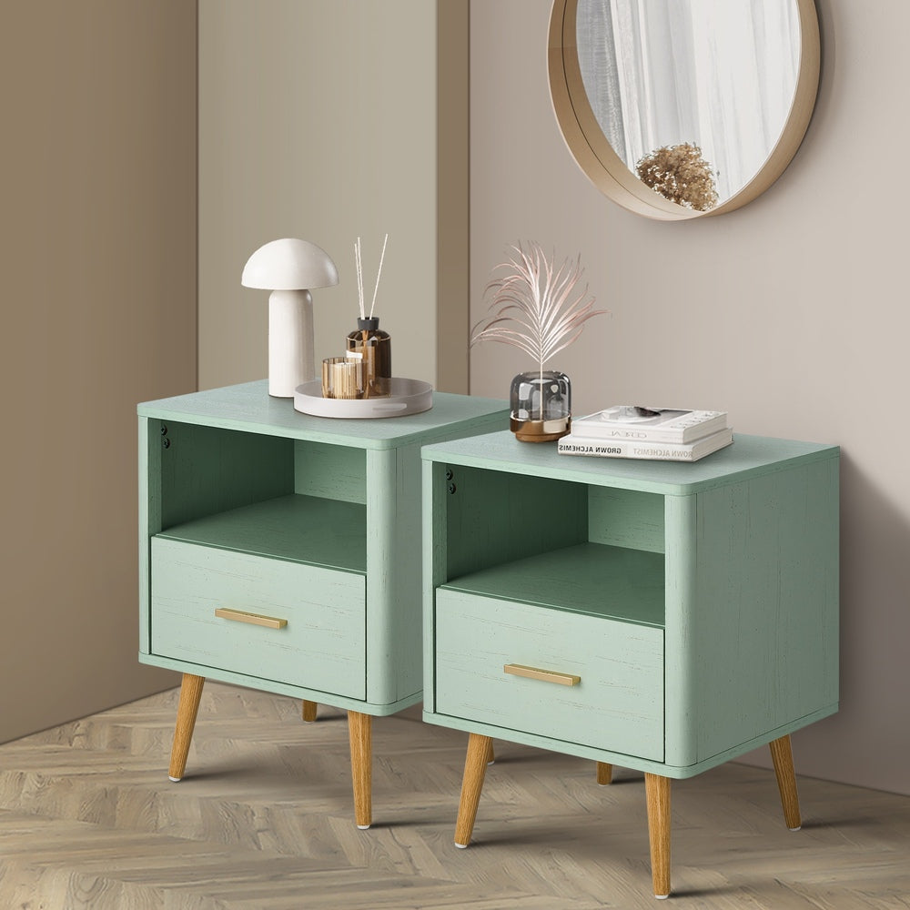 Oikiture 2x Bedside Table 1 Drawer Open Shelf Nightstand Green