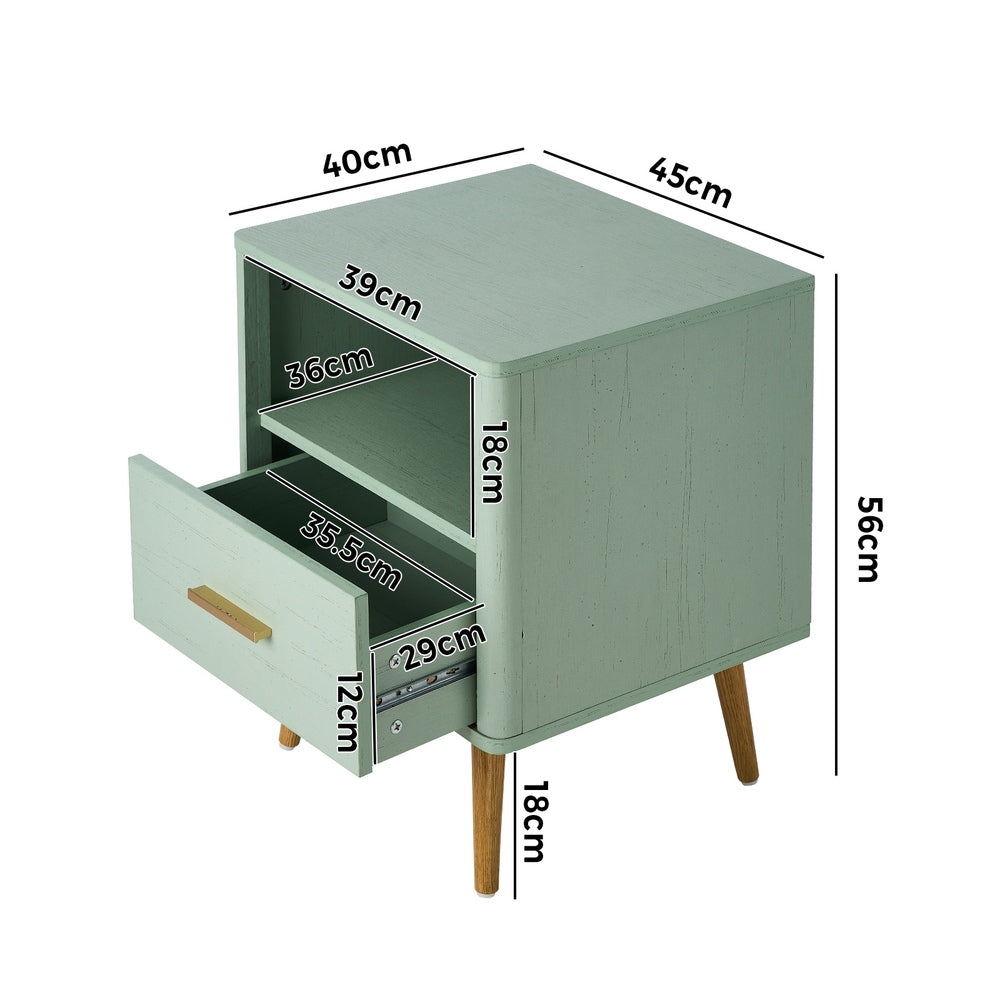 Oikiture 2x Bedside Table 1 Drawer Open Shelf Nightstand Green