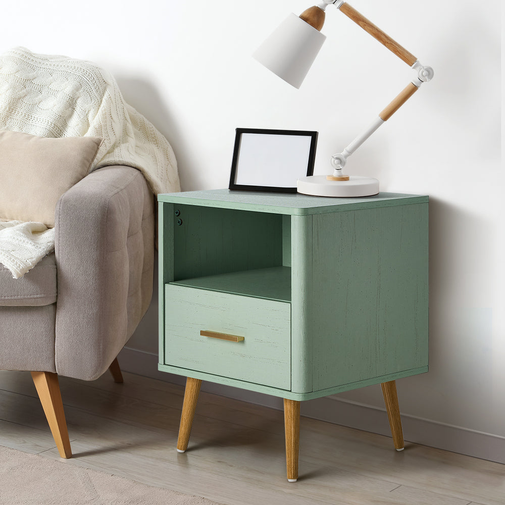 Oikiture 2x Bedside Table 1 Drawer Open Shelf Nightstand Green