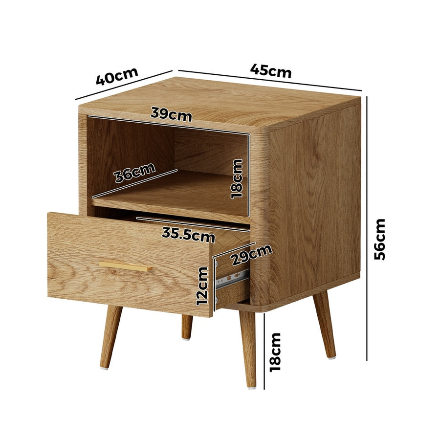 Oikiture Bedside Table 1 Drawer Open Shelf Nightstand Natural, image 2