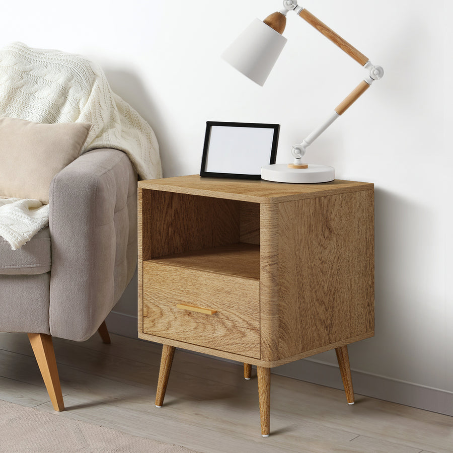 Oikiture Bedside Table 1 Drawer Open Shelf Nightstand Natural, image 6