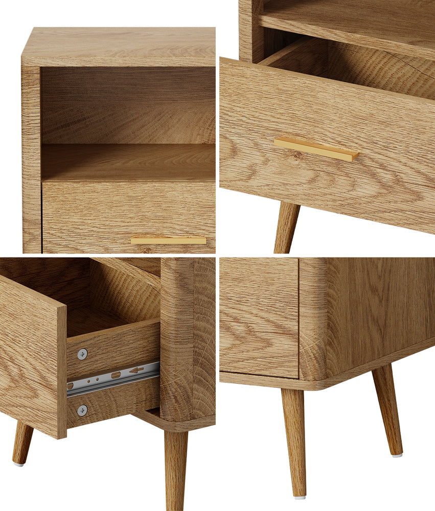 Oikiture Bedside Table 1 Drawer Open Shelf Nightstand Natural, image 3