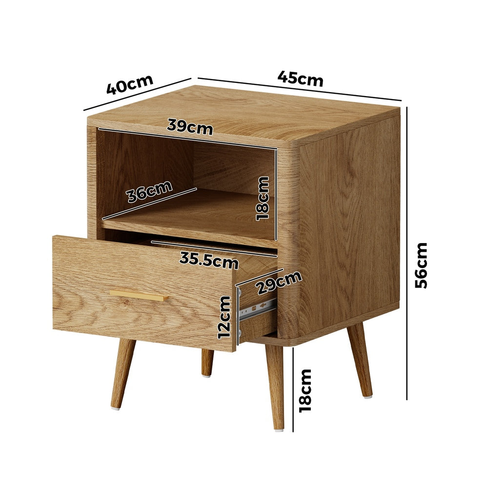 Oikiture 2x Bedside Table 1 Drawer Open Shelf Nightstand Natural