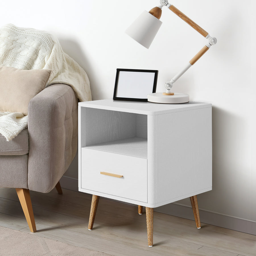 Oikiture 2x Bedside Table 1 Drawer Open Shelf Nightstand White, image 6