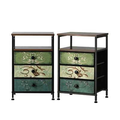 Oikiture 2pc Bedside Tables Fabric Nightstand 3 Drawers Table Shelf