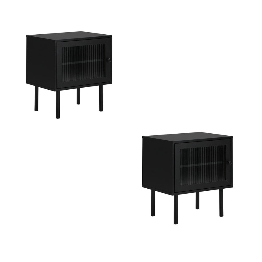 Oikiture 2X Bedside Tables Storage Cabinet Glass Door Black