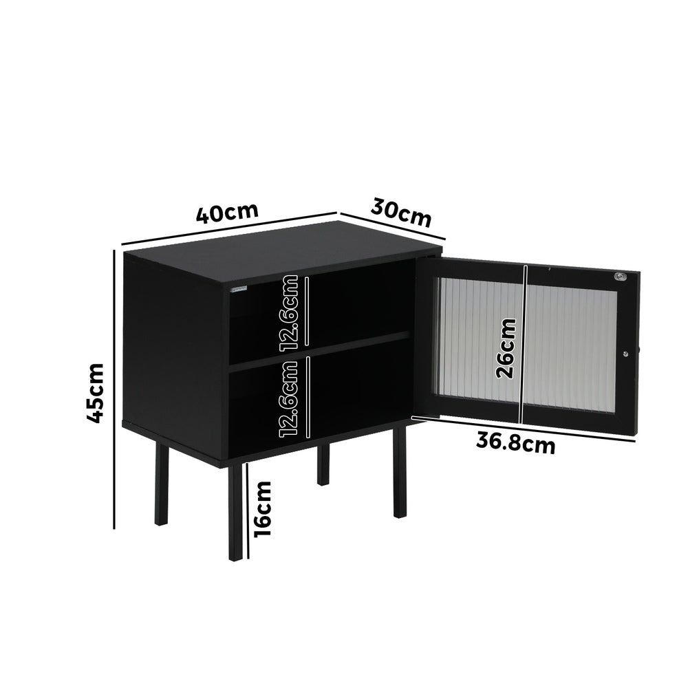 Oikiture 2X Bedside Tables Storage Cabinet Glass Door Black
