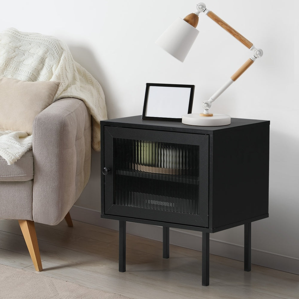 Oikiture 2X Bedside Tables Storage Cabinet Glass Door Black