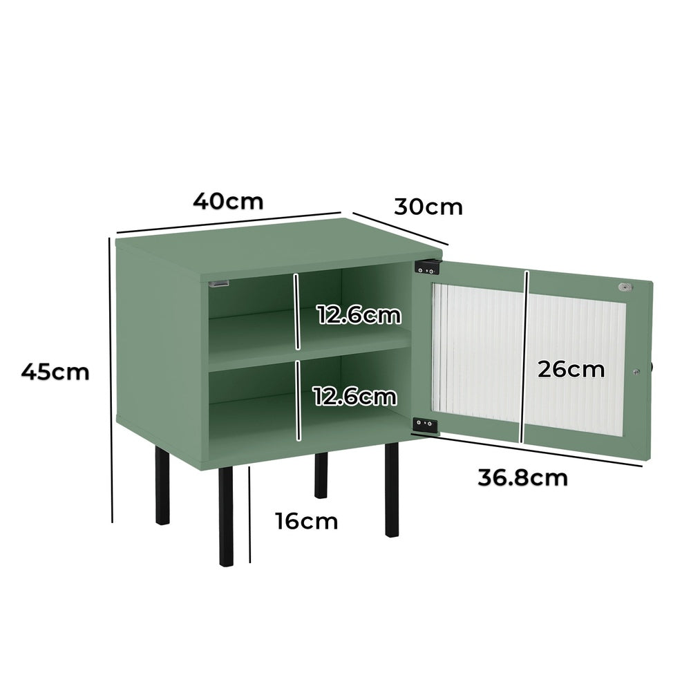 Oikiture 2X Bedside Tables Storage Cabinet Glass Door Green