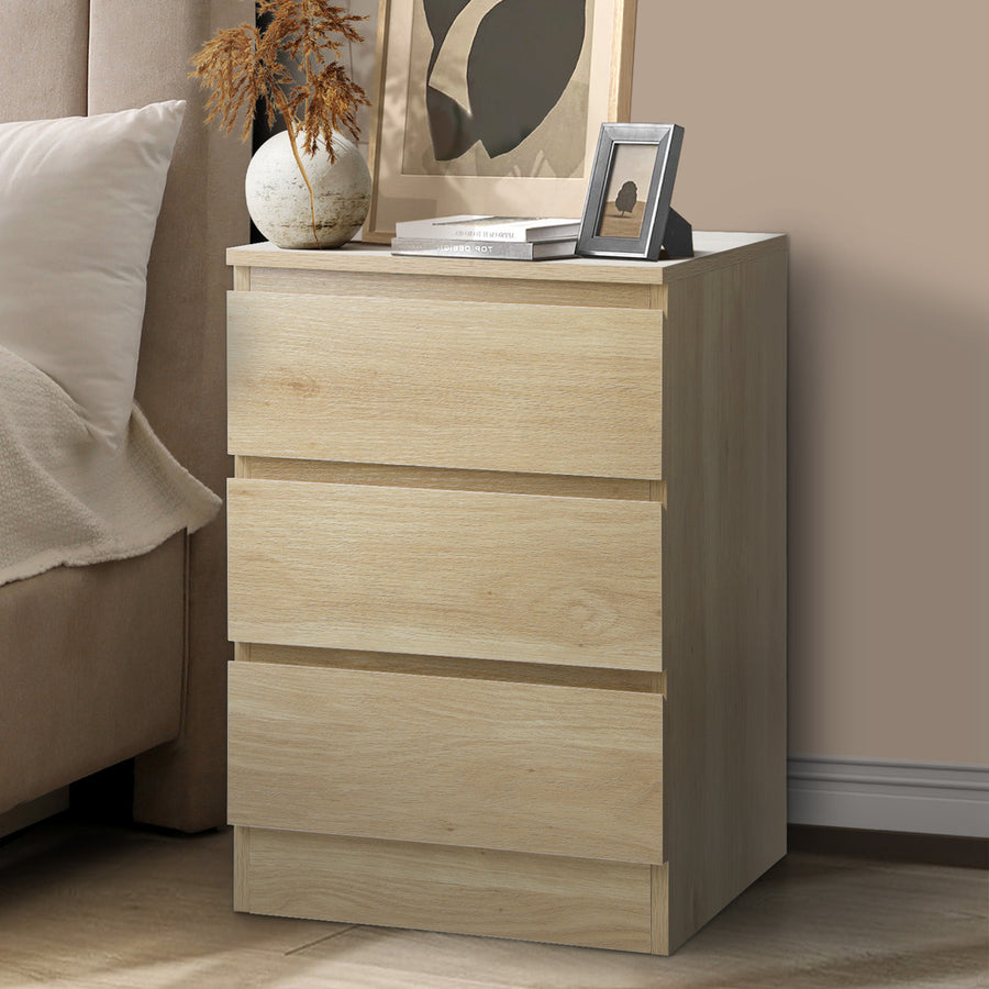 Oikiture Bedside Table 3 Drawers Storage Cabinet Natural