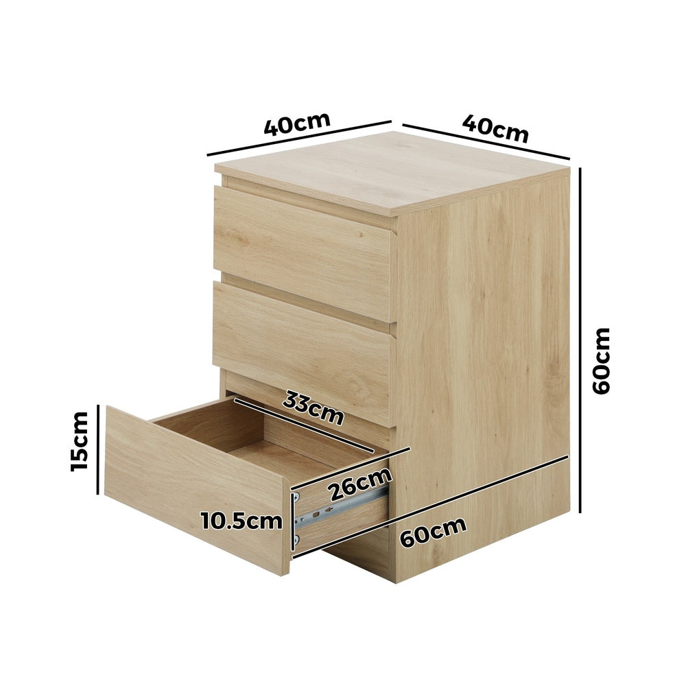 Oikiture Bedside Table 3 Drawers Storage Cabinet Natural